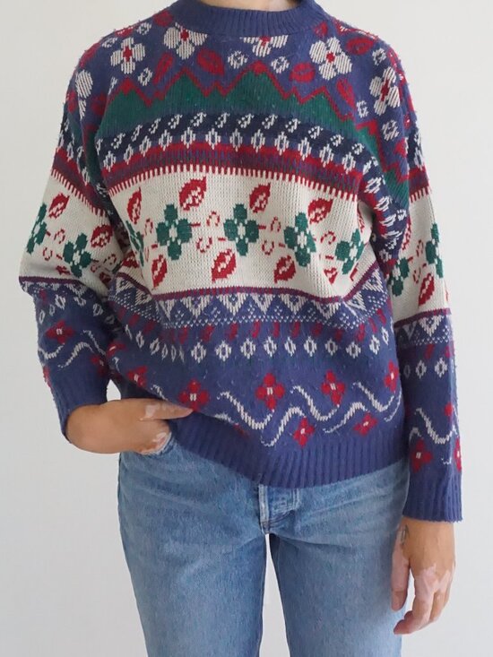 Sweaters - Vintage Cabin Creek Cobalt Ruby Floral Fair Isle Nordic Knit Sweater L